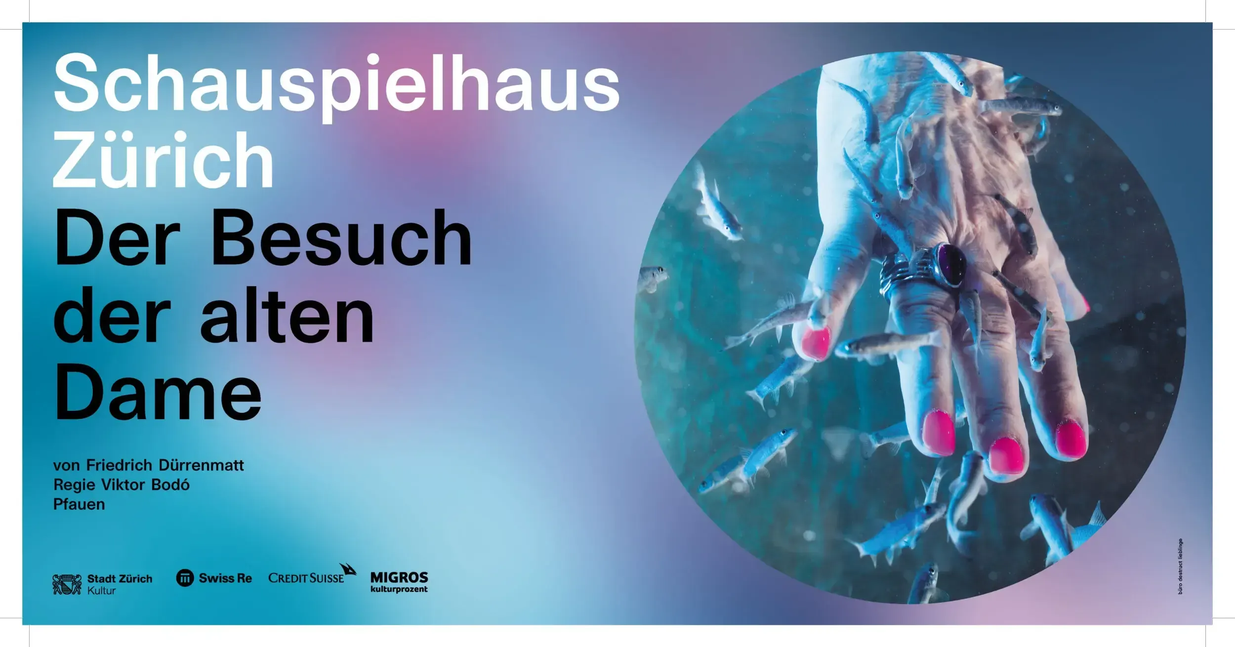 Wide-format window banner for 'Der Besuch der alten Dame' at Schauspielhaus Zürich, showing an elderly hand surrounded by small fish underwater.