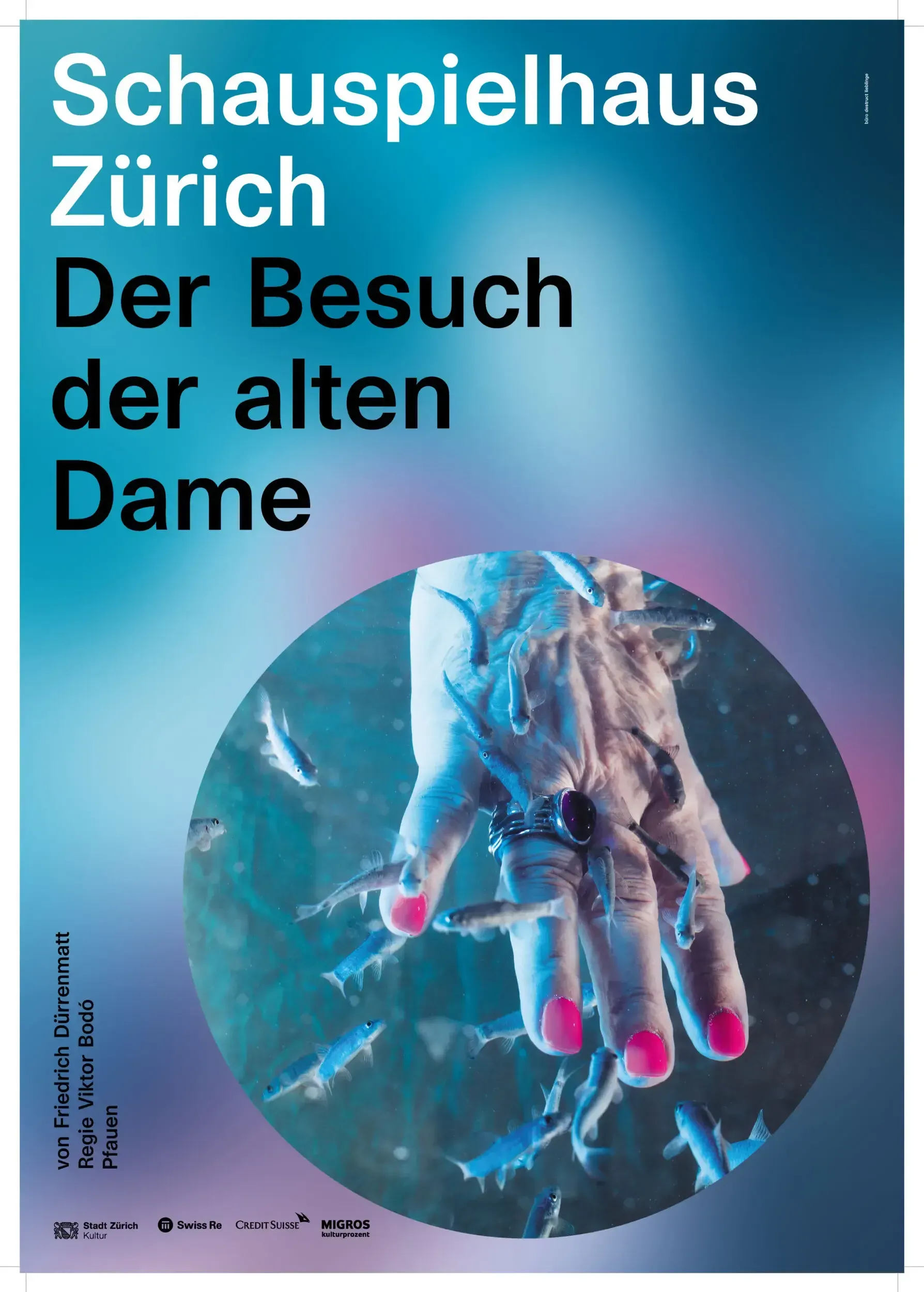 Theatre poster for 'Der Besuch der alten Dame' at Schauspielhaus Zürich, showing an elderly hand with pink nails surrounded by small fish underwater.
