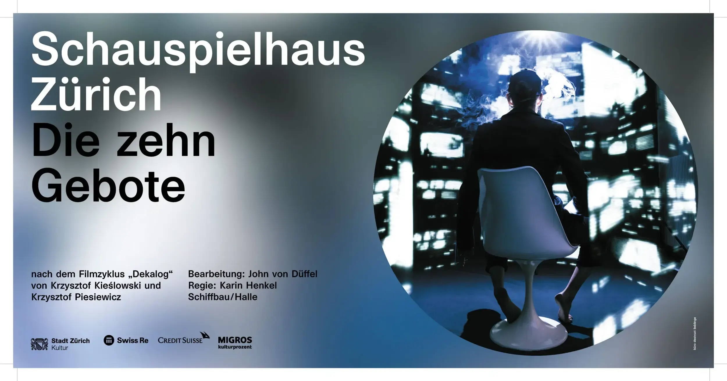 Wide-format window banner for 'Die zehn Gebote' at Schauspielhaus Zürich, showing a man seated among glowing video screens.