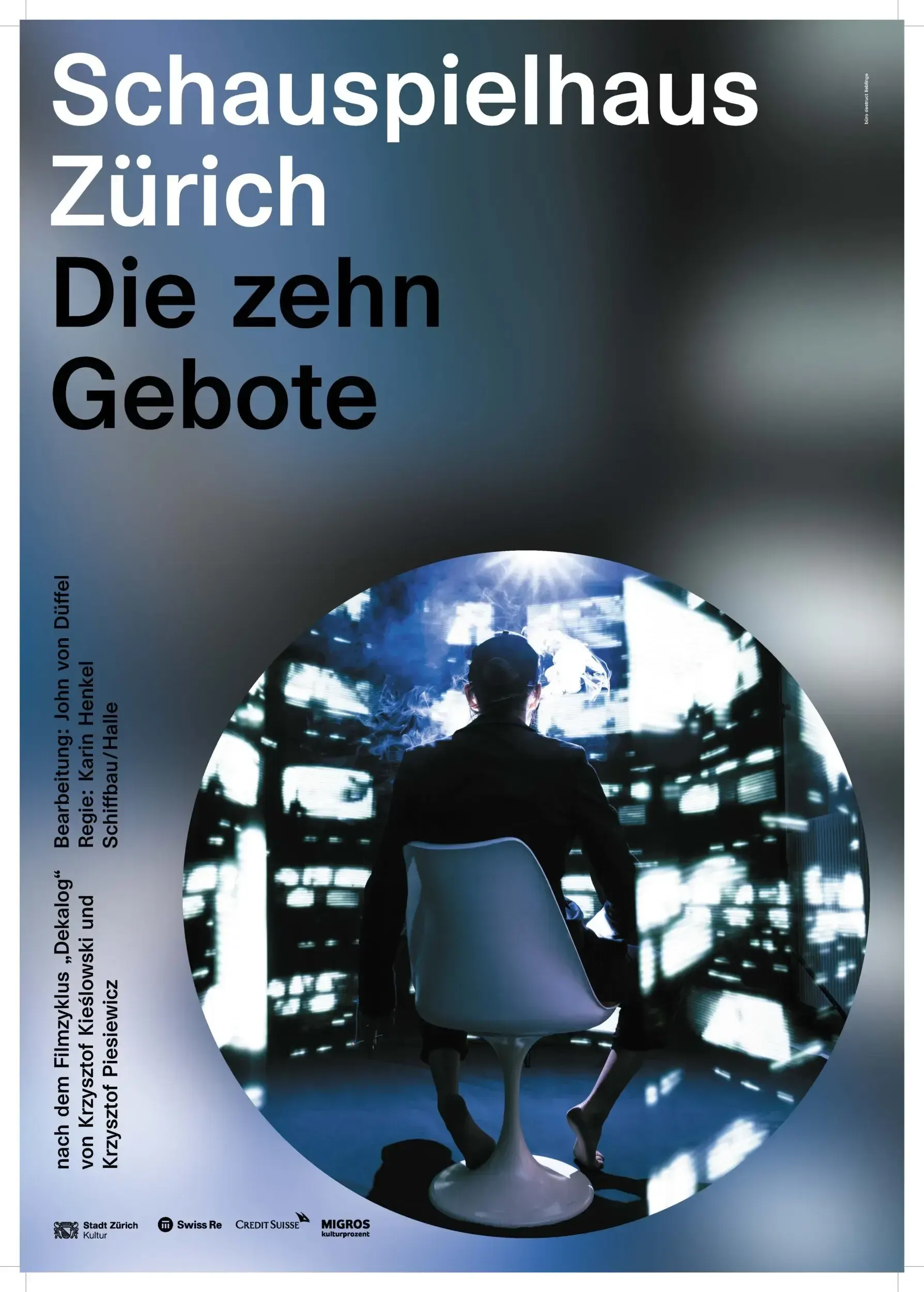 Theatre poster for 'Die zehn Gebote' at Schauspielhaus Zürich, showing a man seated among glowing video screens.