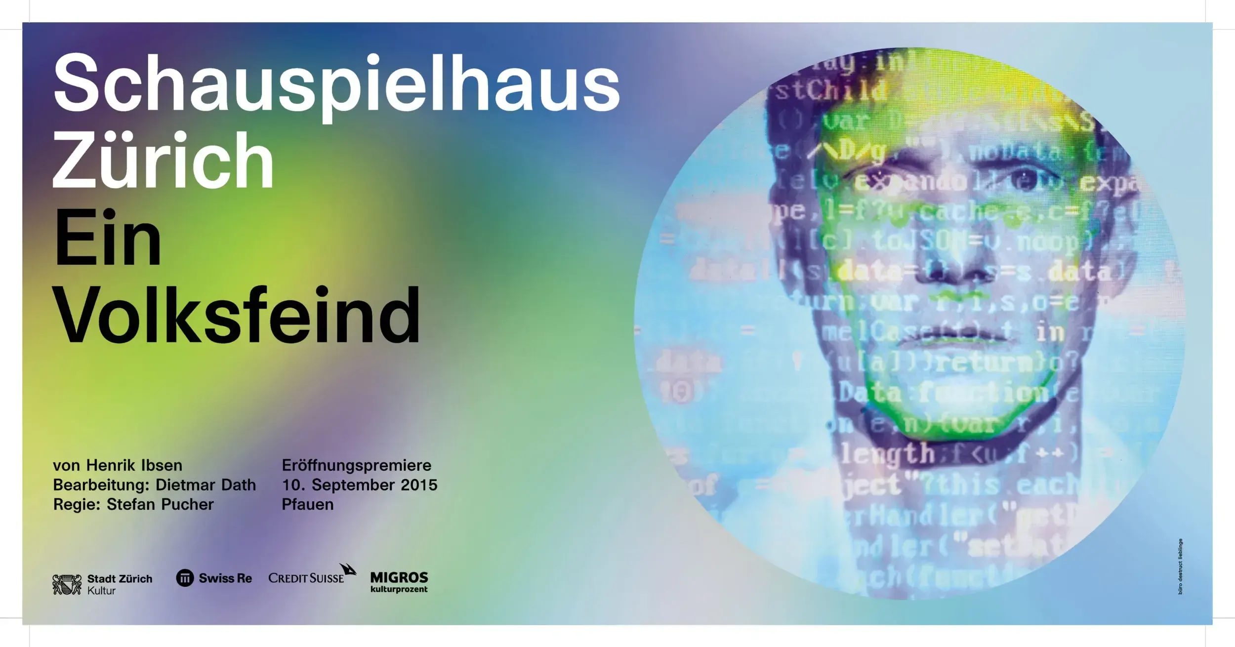 Wide-format window banner for 'Ein Volksfeind' at Schauspielhaus Zürich, showing a man's face overlaid with computer code.