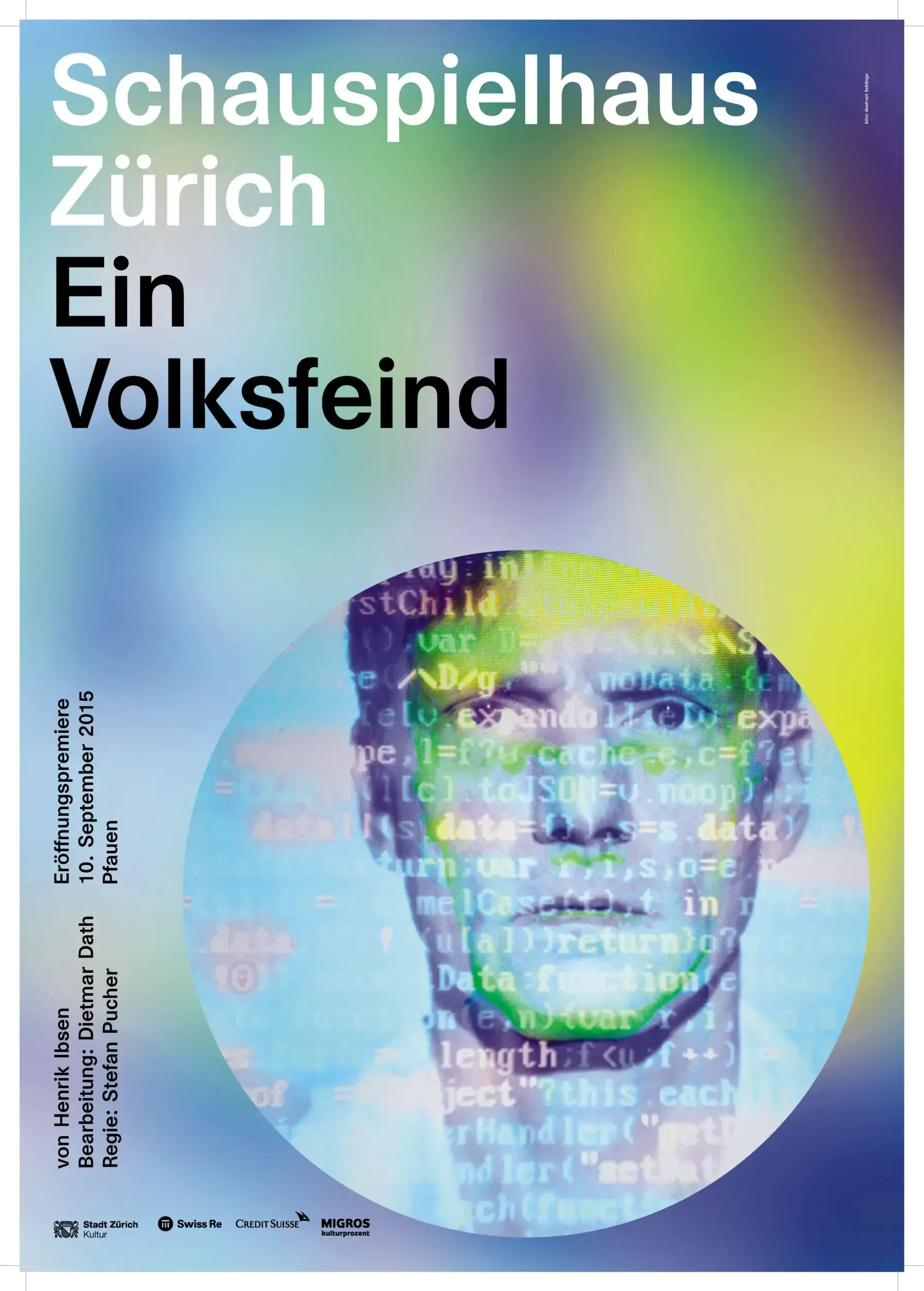 Theatre poster for 'Ein Volksfeind' at Schauspielhaus Zürich, showing a man's face overlaid with glowing lines of computer code.