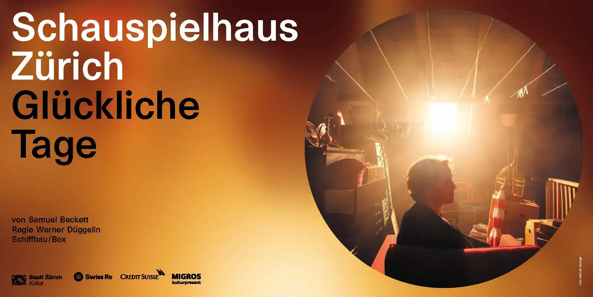 Wide-format window banner for 'Glückliche Tage' at Schauspielhaus Zürich, showing a woman silhouetted in a sunlit storage room.