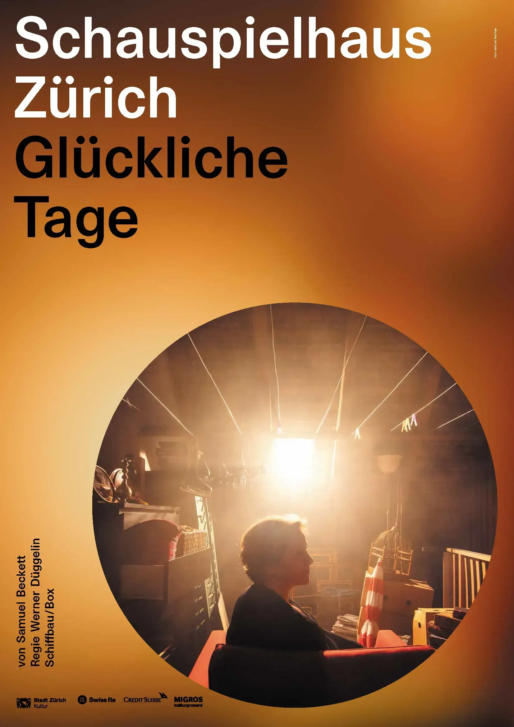 Theatre poster for 'Glückliche Tage' at Schauspielhaus Zürich, showing a woman silhouetted in a sunlit storage room.