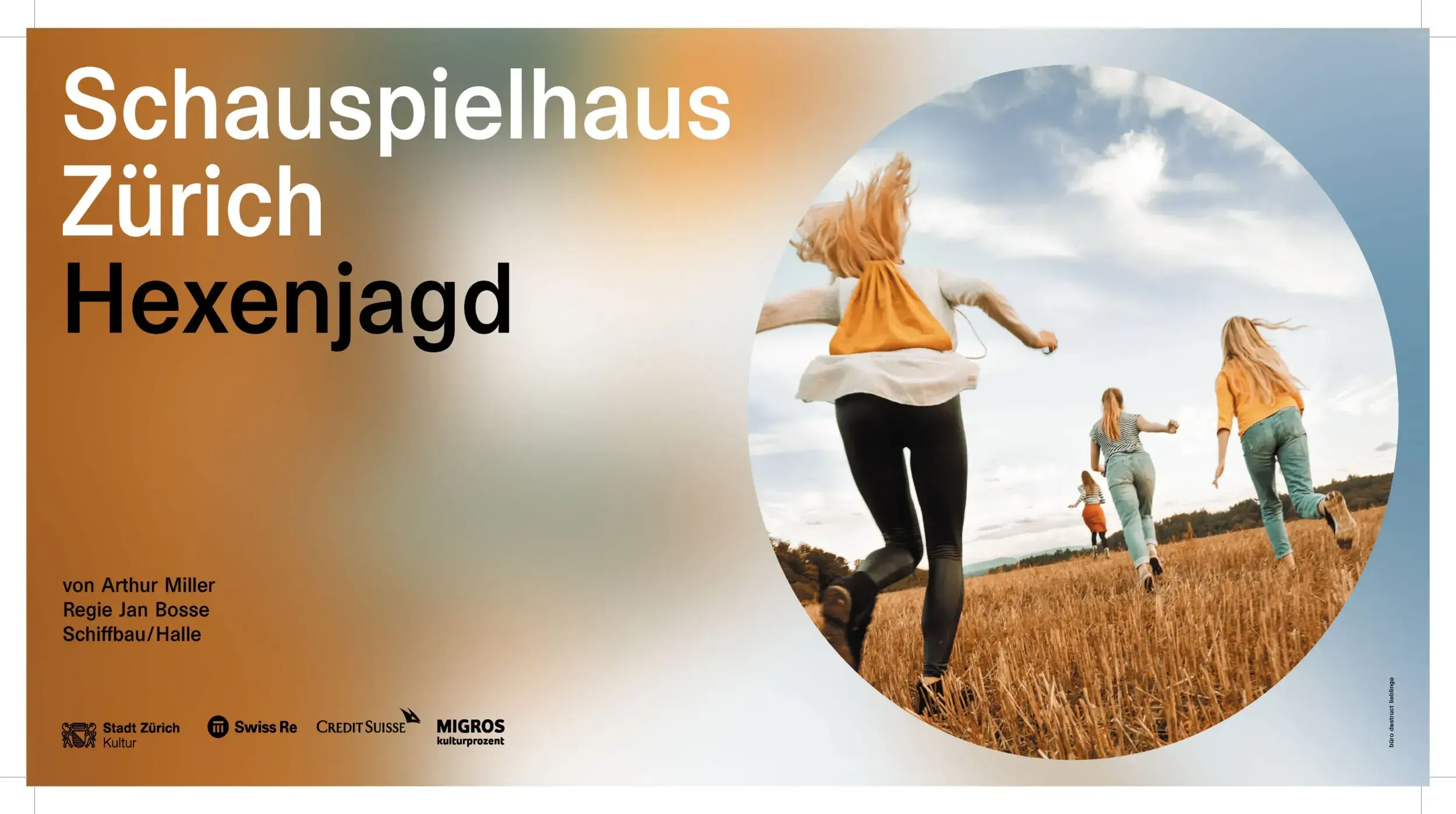 Wide-format window banner for 'Hexenjagd' at Schauspielhaus Zürich, showing three people running across a golden field.
