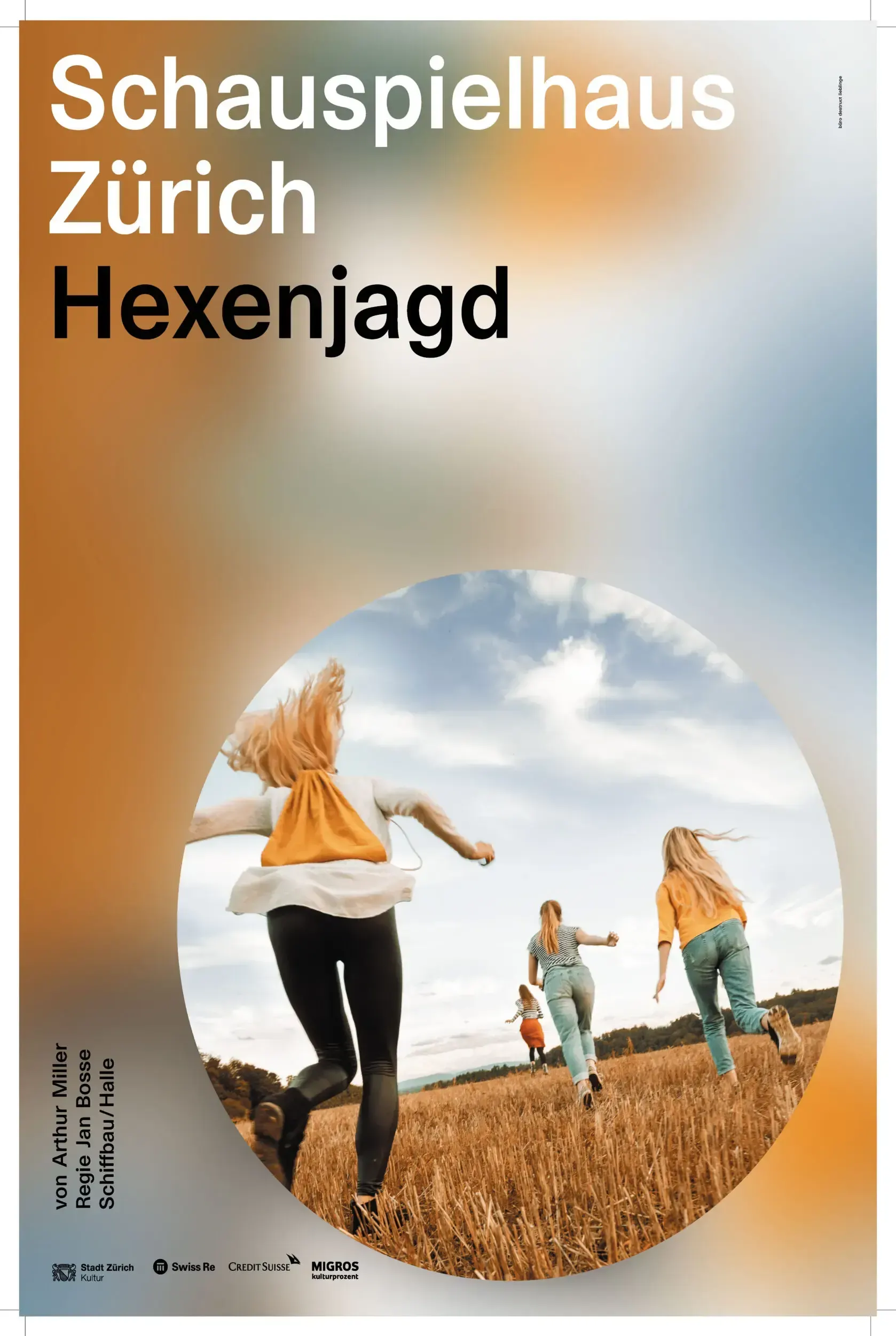 Theatre poster for 'Hexenjagd' at Schauspielhaus Zürich, showing three people running across a golden field beneath a cloudy sky.