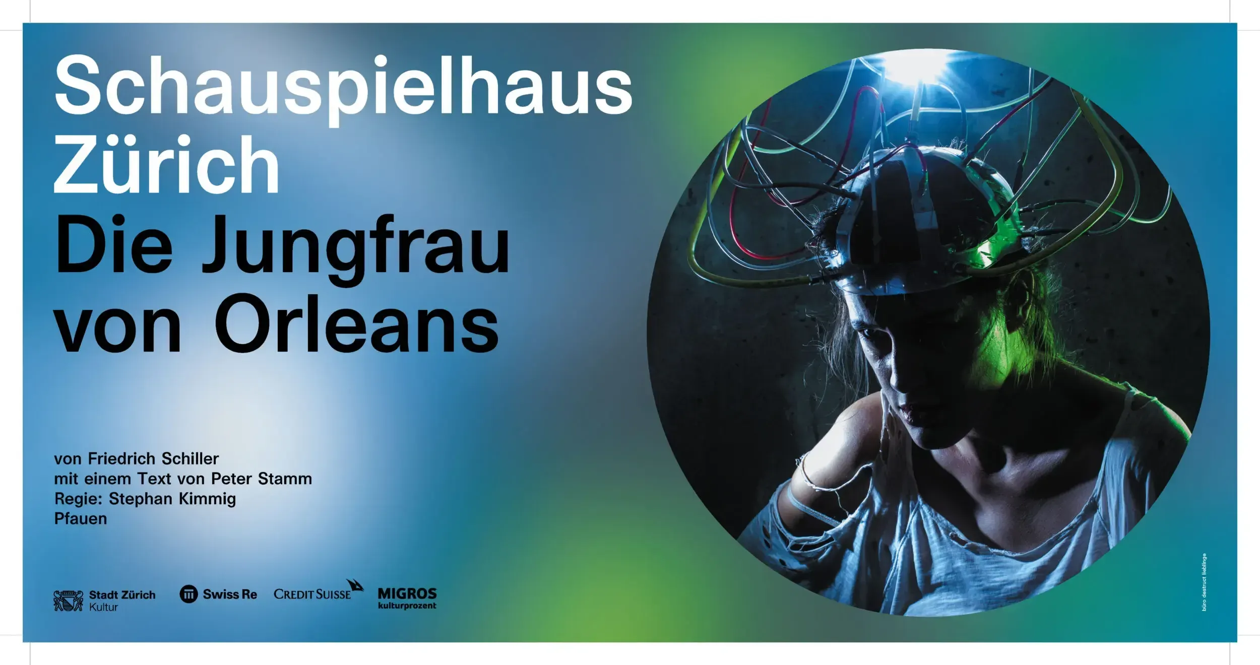 Wide-format window banner for 'Die Jungfrau von Orleans' at Schauspielhaus Zürich, showing a woman wearing a wired metal headpiece.