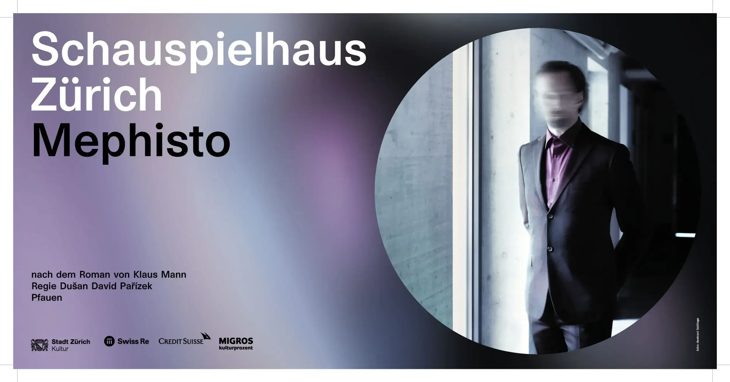 Wide-format window banner for 'Mephisto' at Schauspielhaus Zürich, showing a blurred man in a suit walking down a corridor.