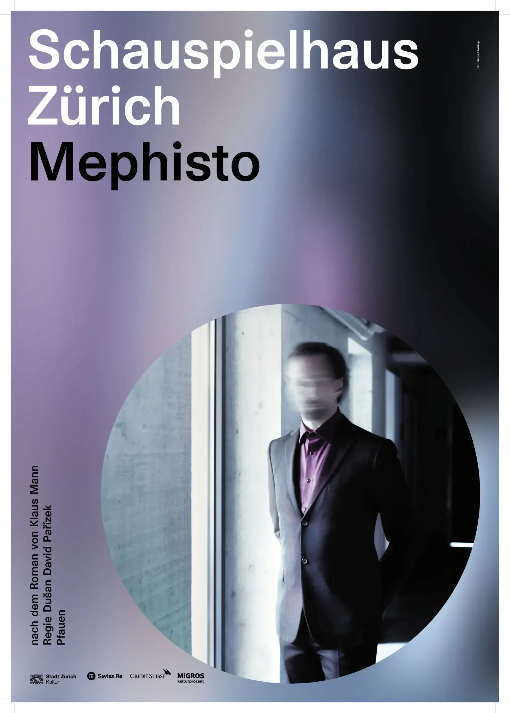 Theatre poster for 'Mephisto' at Schauspielhaus Zürich, showing a blurred man in a suit walking down a corridor.
