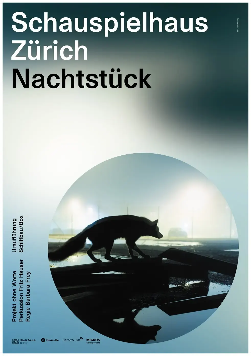Theaterplakat „Nachtstück“ des Schauspielhaus Zürich mit Fuchs auf einer Brücke bei Nacht