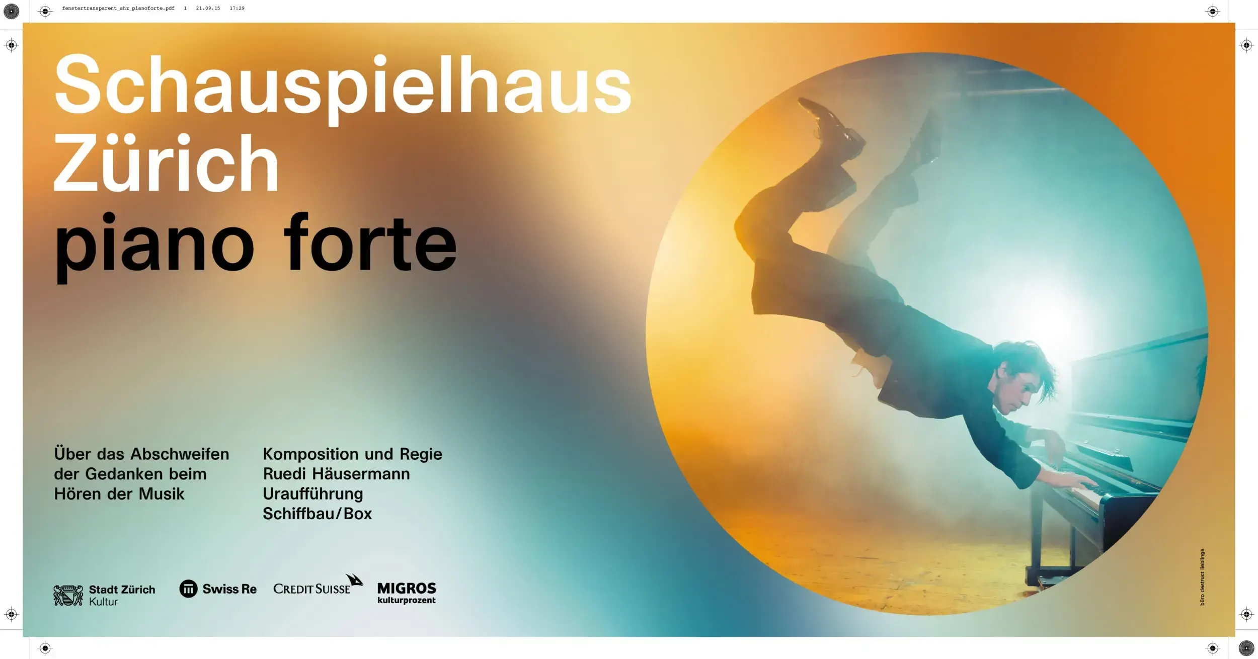 Wide-format window banner for 'piano forte' at Schauspielhaus Zürich, showing a man leaping backwards over a grand piano.