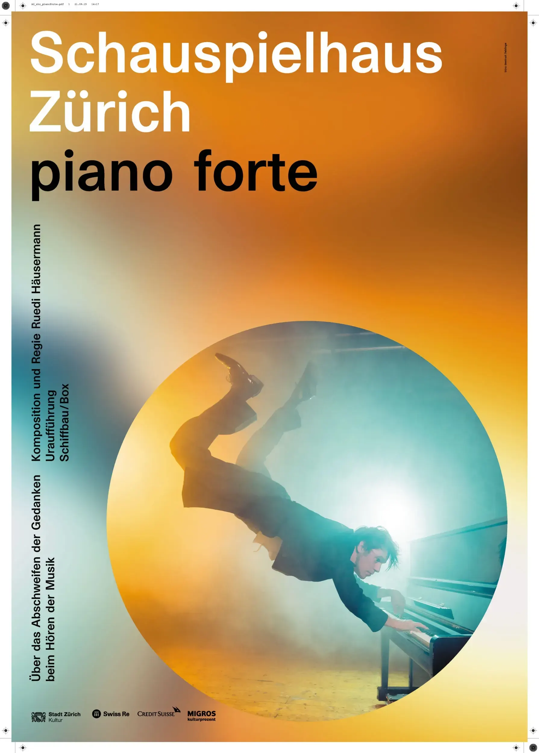 Theatre poster for 'piano forte' at Schauspielhaus Zürich, showing a man leaping backwards over a grand piano in golden light.