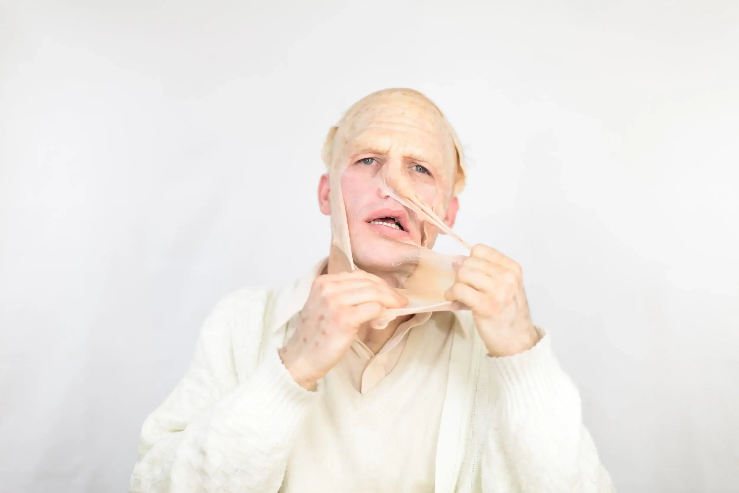 Bühnenfoto aus „Die schönsten Sterbeszenen der Oper“: älterer Mann mit Händen am Gesicht