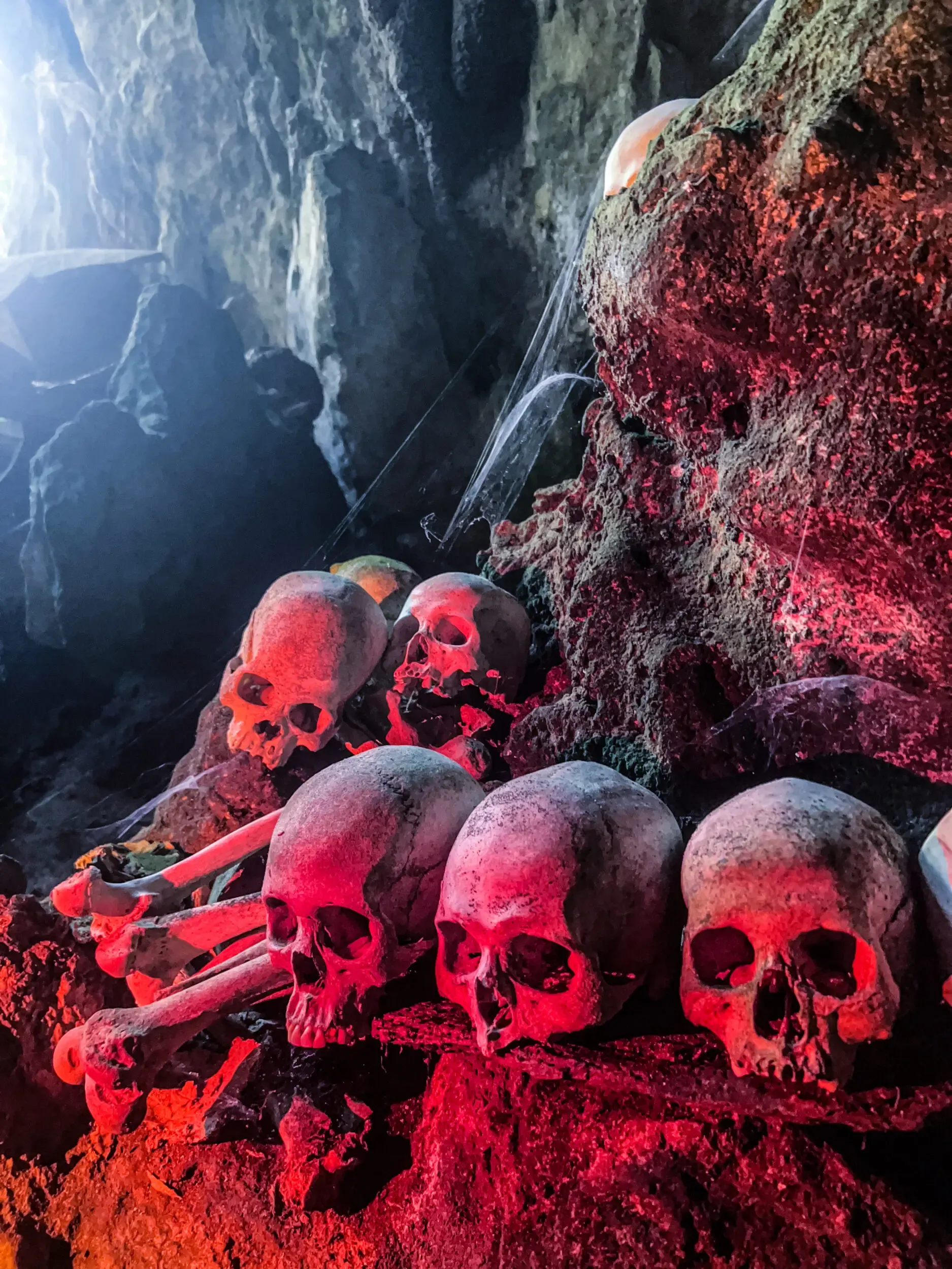 Gestapelte Schädel in einer Grabhöhle, rot beleuchtet, Sulawesi