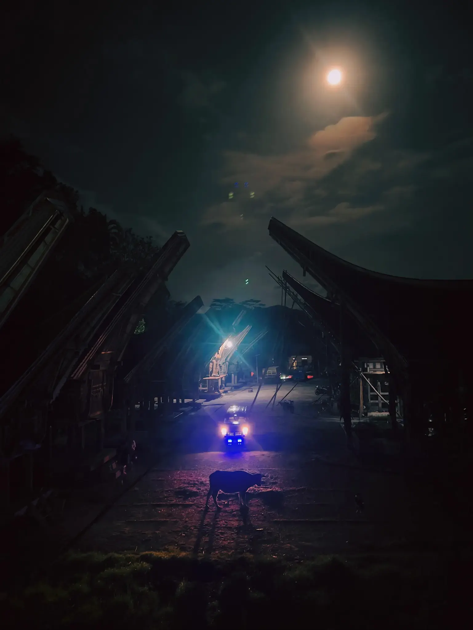 Nächtliche Dorfszene mit Scheinwerferlicht und Mond, Sulawesi