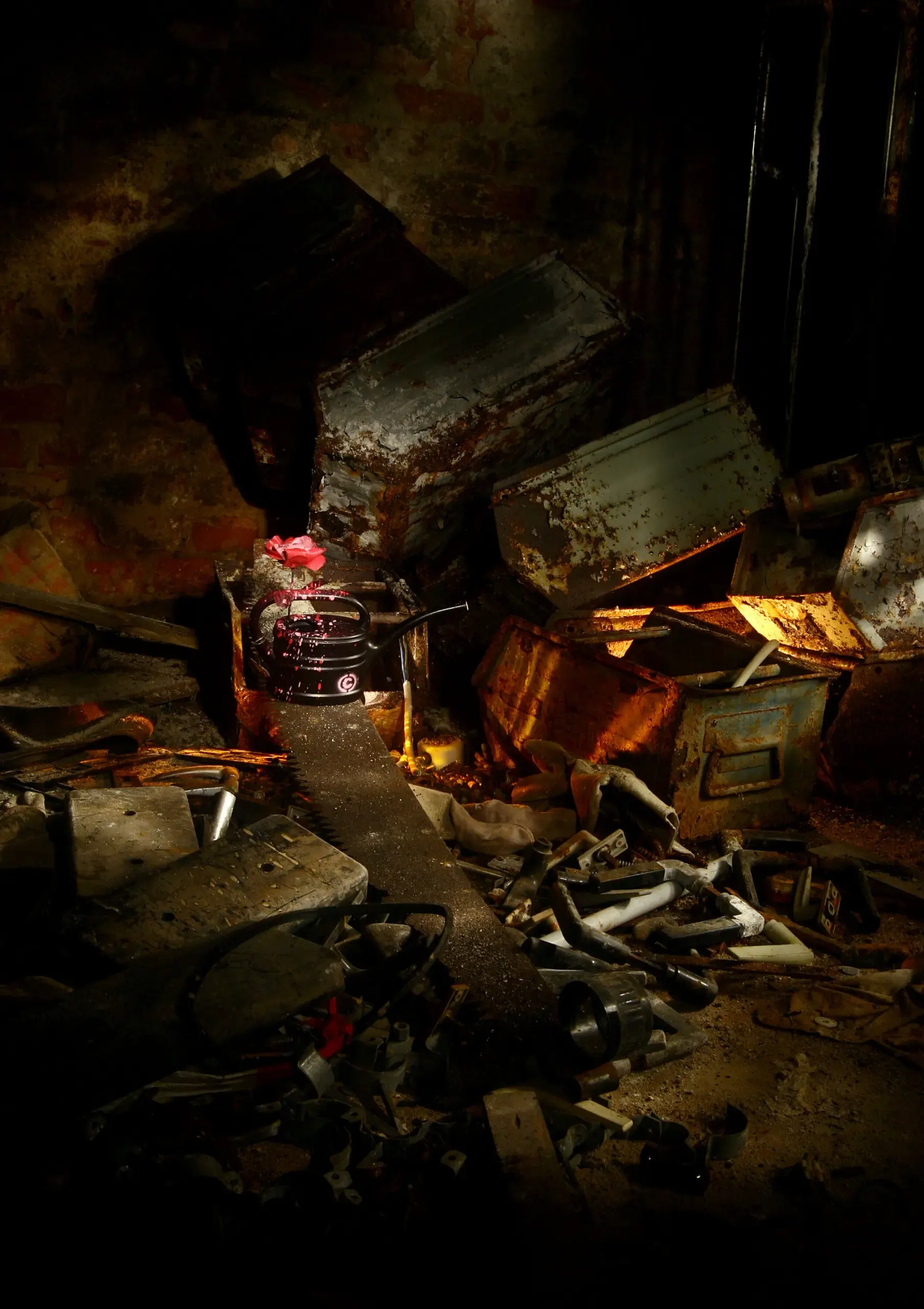 Kleine rot leuchtende Can-Figur in einer dunklen Ruine