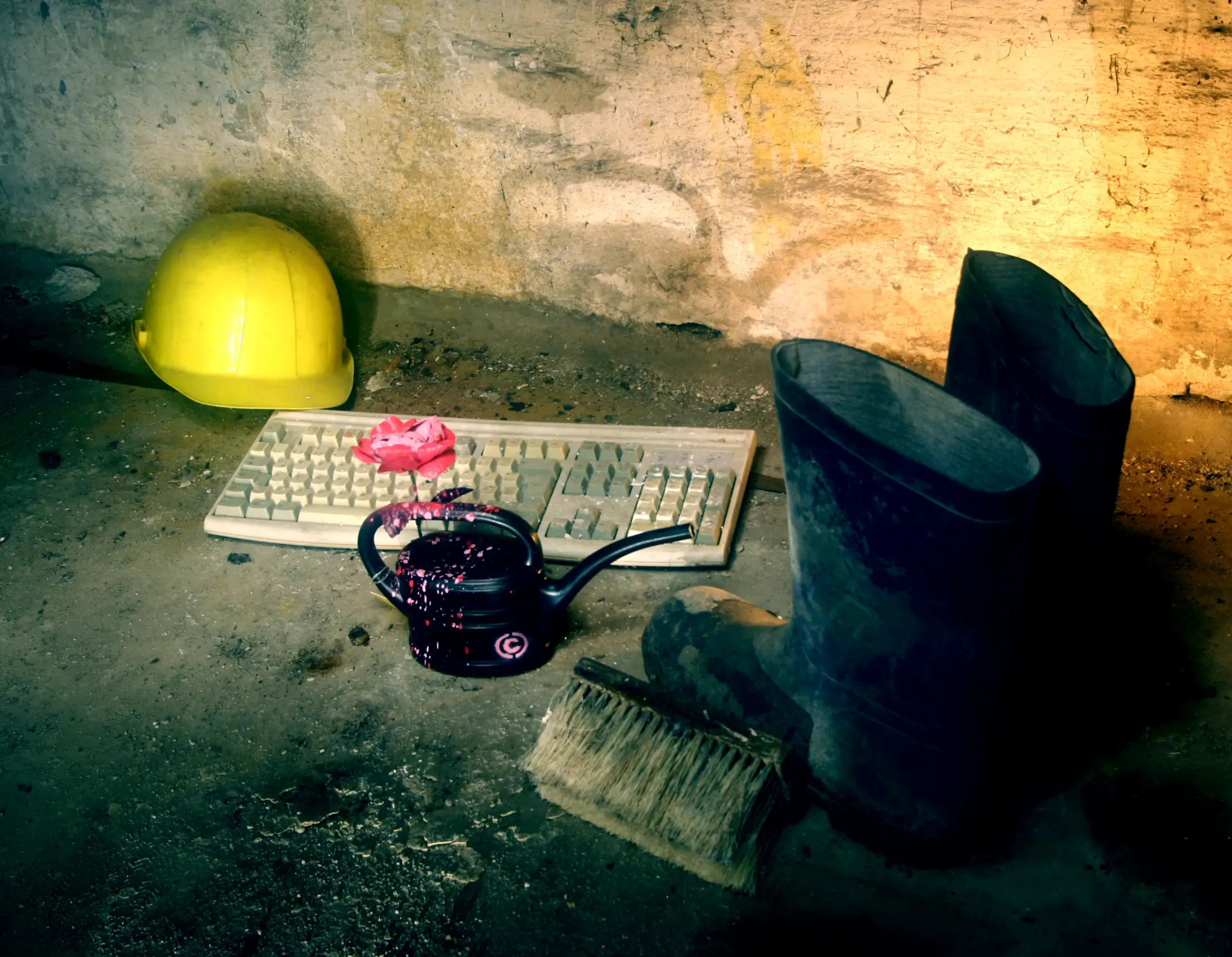 Stillleben mit Helm, Tastatur, Stiefeln und kleiner Can-Figur