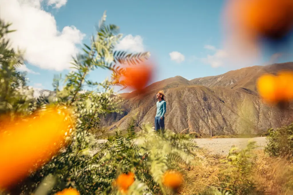A person stands on a gravel road surrounded by green foliage and orange flowers, with mountains in the background.